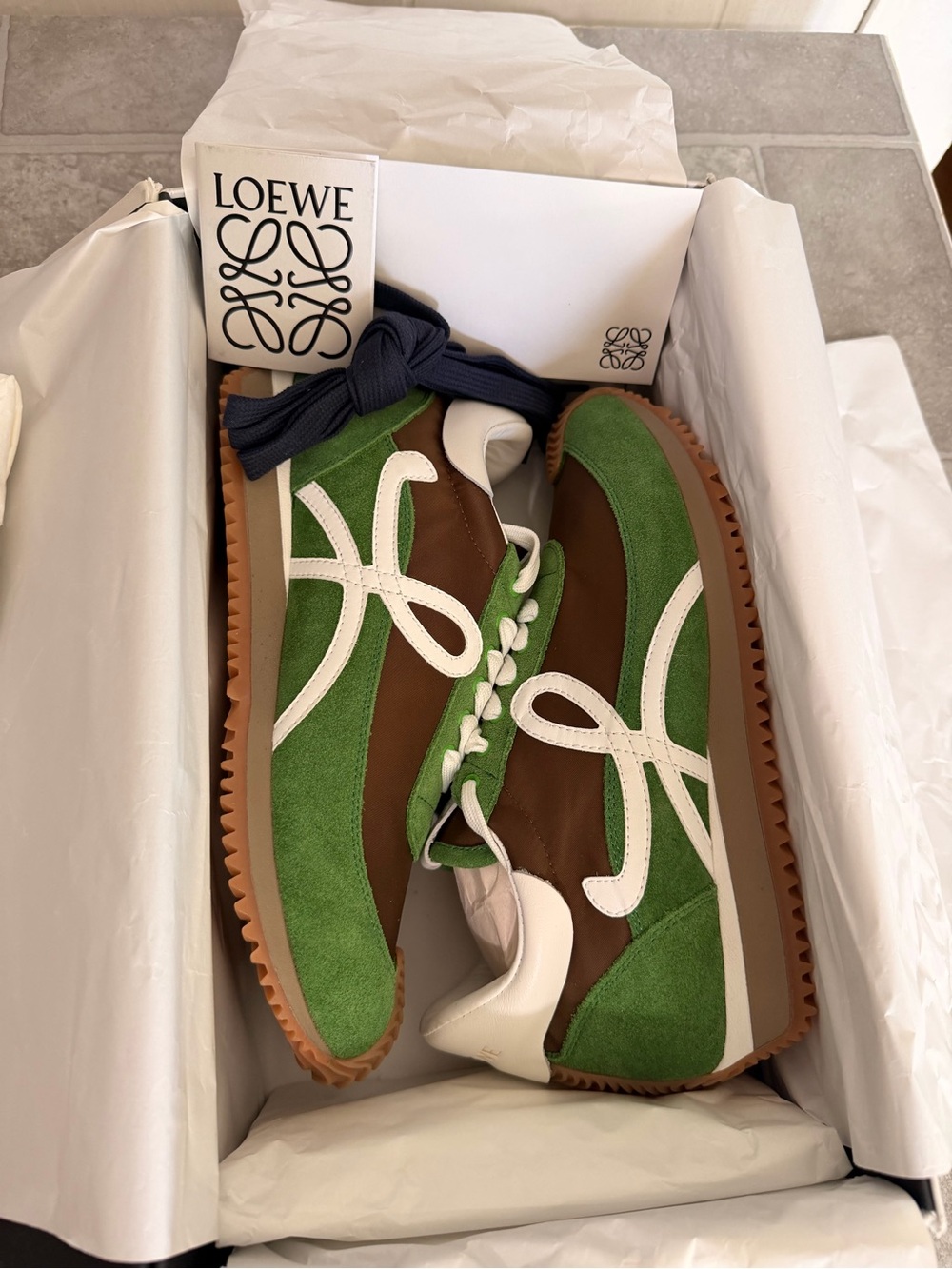 Loewe x Paula Ibiza  Flow Runner Green, Brown & White Suede Runner Sneakers